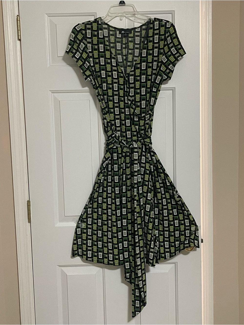 AB Studio Green and Black Geometric Wrap Midi Dress